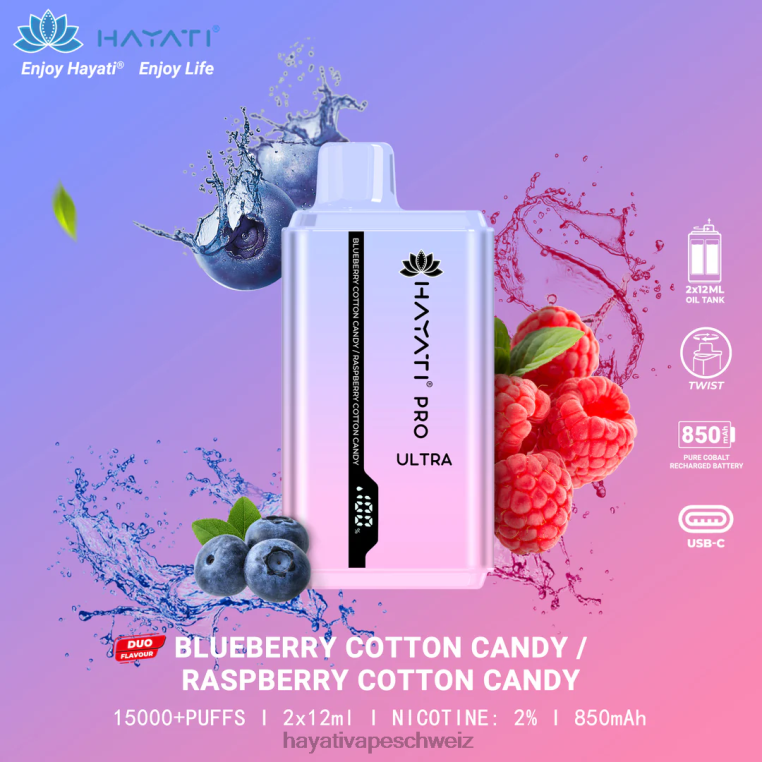 Hayati Amazon Schweiz | Hayati Pro Ultra Einweg 15000 Züge Blaubeer-Zuckerwatte/Himbeer-Zuckerwatte X880P220