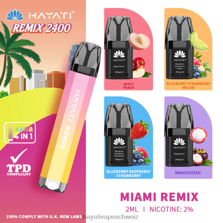 Hayati Flavours | Hayati Remix vorgefülltes Pod-System, 2400 Züge Miami-Remix X880P56