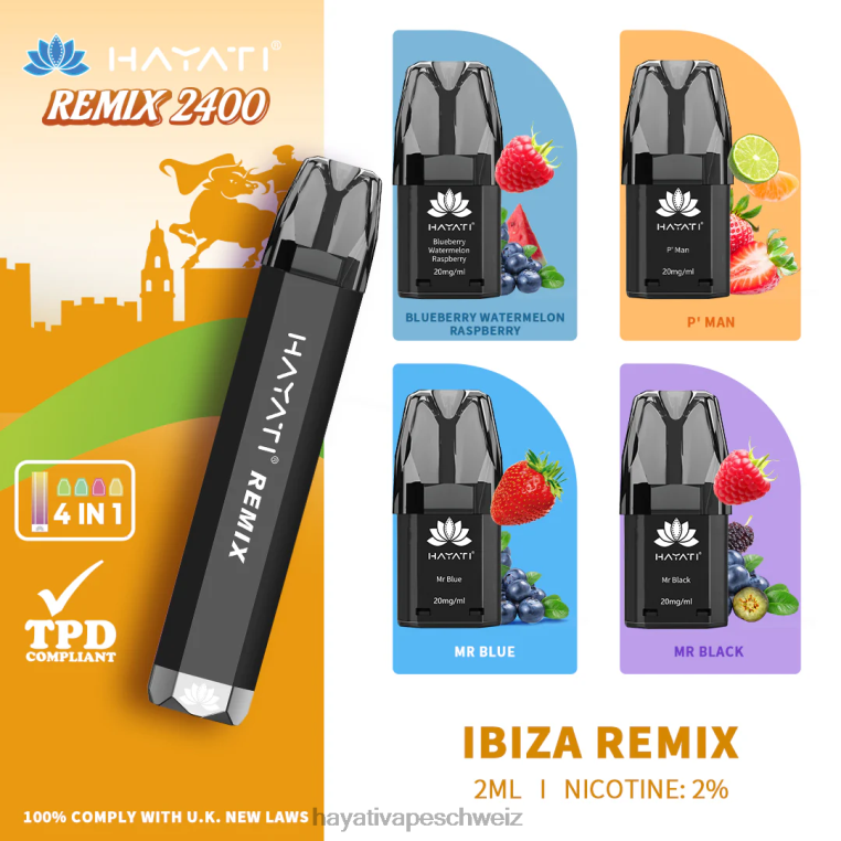 Hayati Vape Nicotine | Hayati Remix vorgefülltes Pod-System, 2400 Züge Ibiza-Remix X880P55